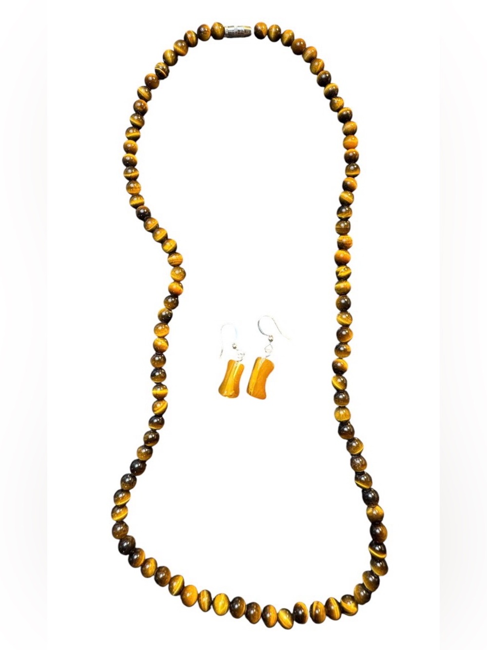 GOLDEN TIGER EYE NECKLACE ROUND BEADS  SINGLE STRAND AND Dangle Pierced Earrings